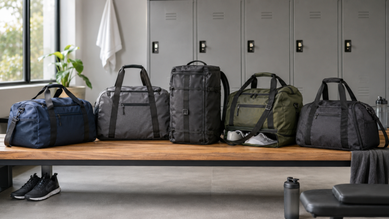 Five gym bags displayed on a locker-room bench for workouts and travel