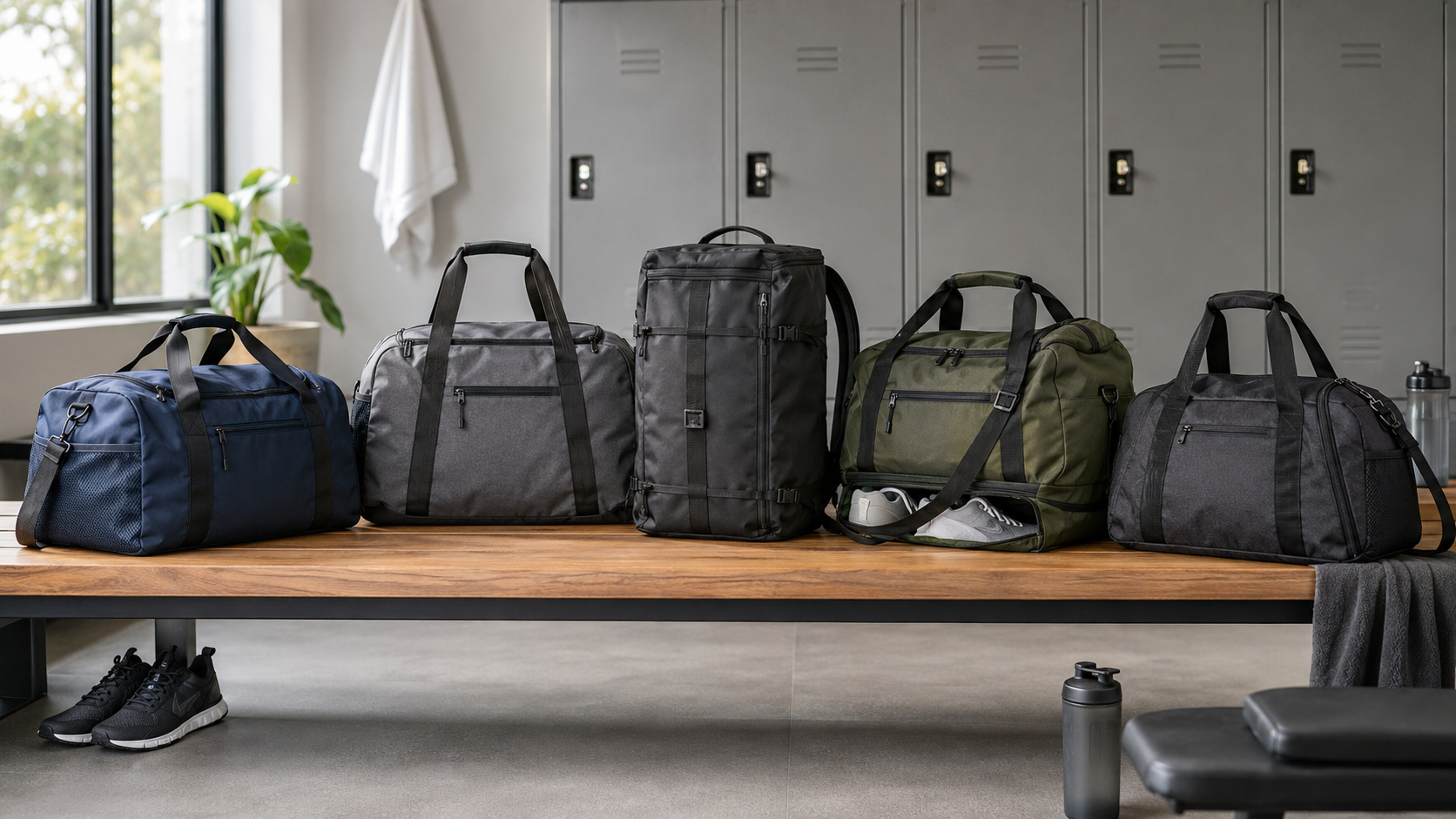 Five gym bags displayed on a locker-room bench for workouts and travel