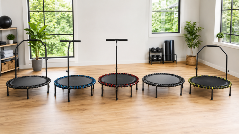 Five mini trampolines arranged in a bright home fitness room