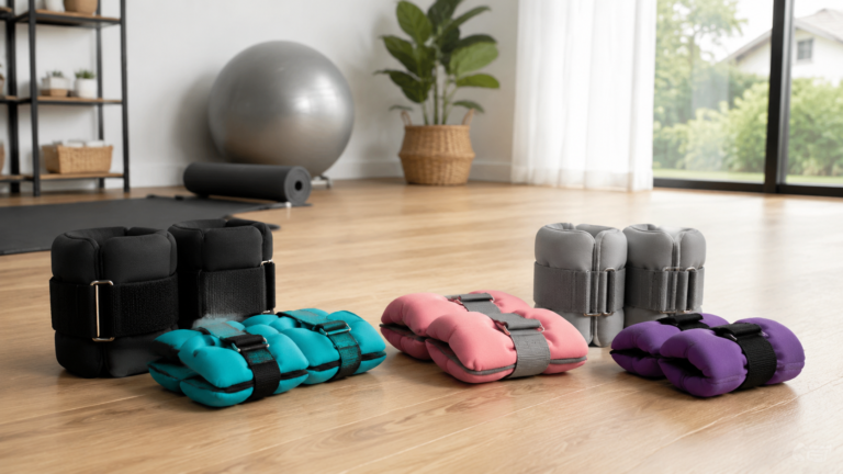 Wrist and ankle weights arranged in a bright home gym