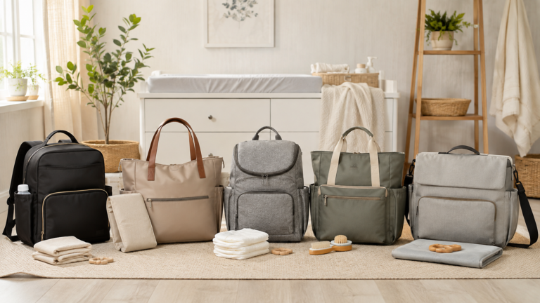 Five stylish diaper bags displayed in a bright modern nursery