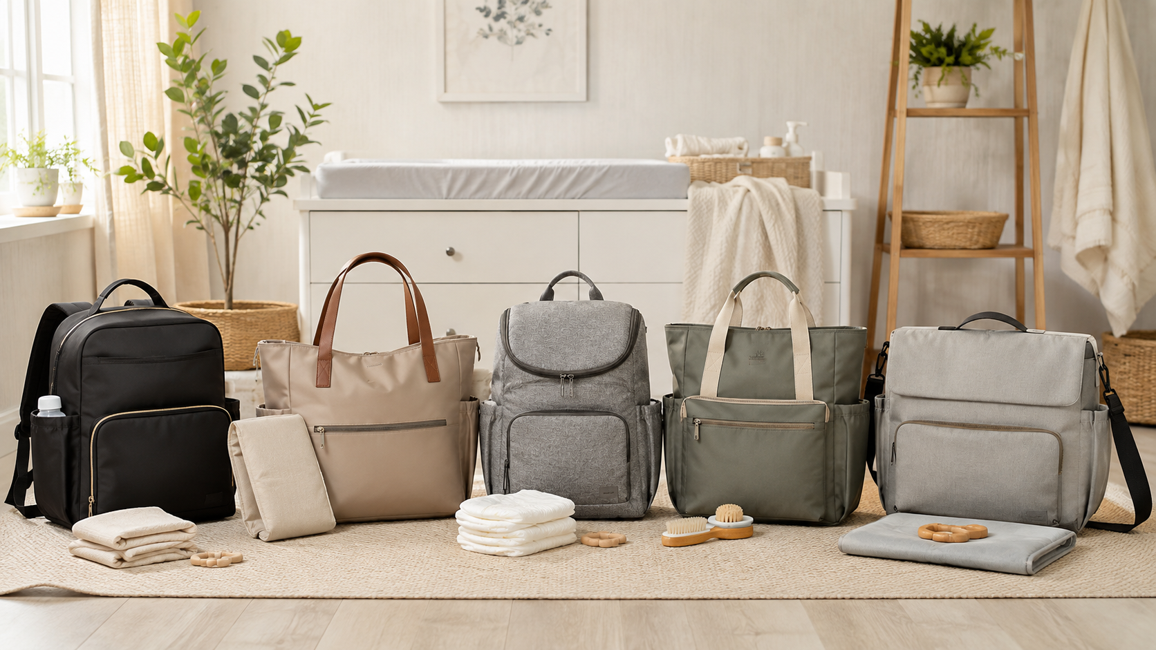 Five stylish diaper bags displayed in a bright modern nursery