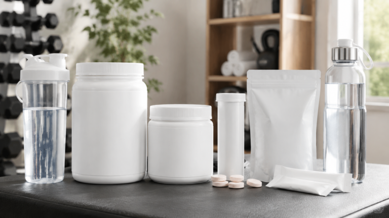Electrolyte supplement containers and water bottles in a modern gym