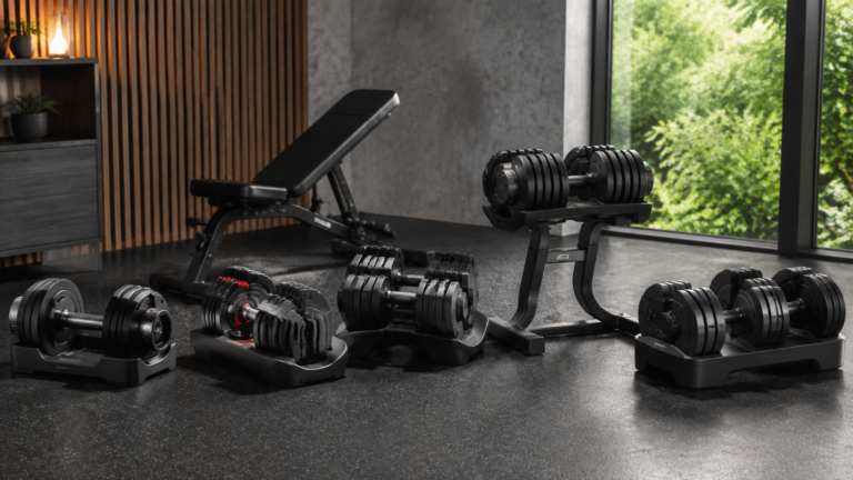 Five adjustable dumbbell sets arranged in a modern home gym