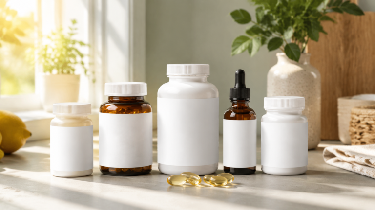 Five unbranded vitamin D supplement containers in warm natural sunlight