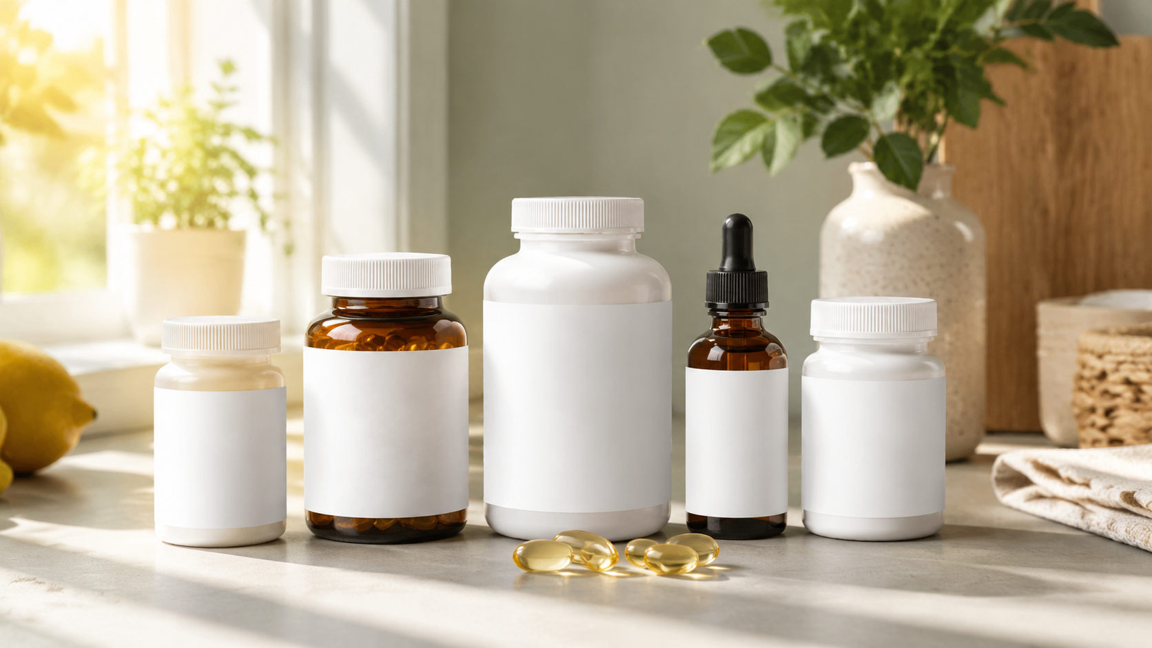Five unbranded vitamin D supplement containers in warm natural sunlight