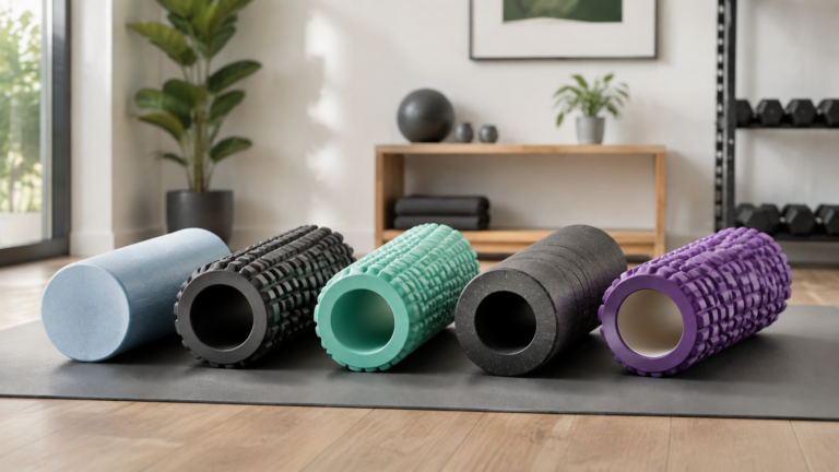 Five foam rollers arranged in a bright modern workout studio