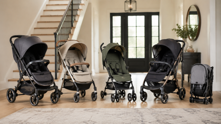 Five baby strollers displayed in a bright modern entryway