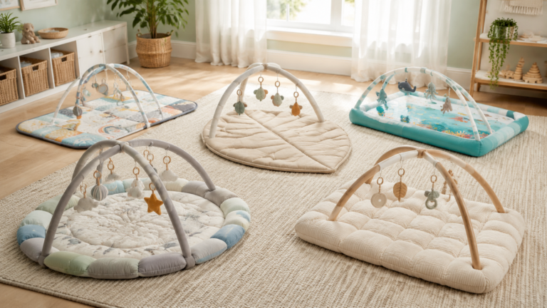 Five baby play mats arranged in a bright modern nursery