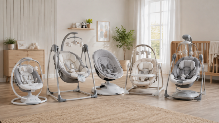 Five baby swings arranged in a bright modern nursery