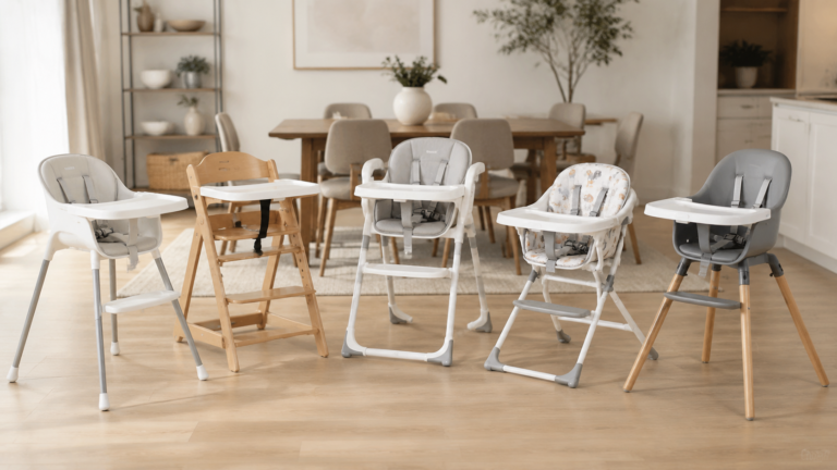 Five baby high chairs arranged in a bright modern dining room