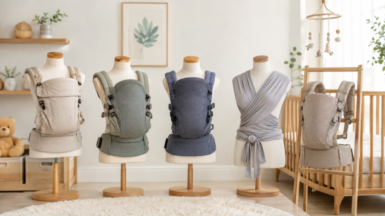 Five baby carriers displayed in a bright modern nursery