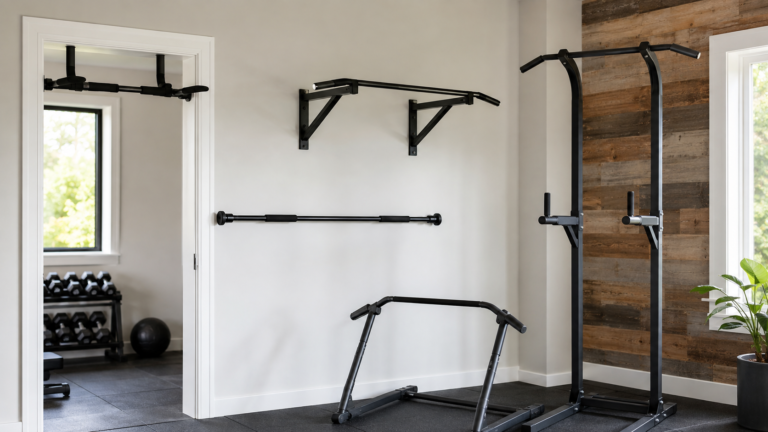 Five pull-up bar styles installed in a modern home gym