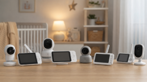 Five baby monitor systems displayed in a modern nursery