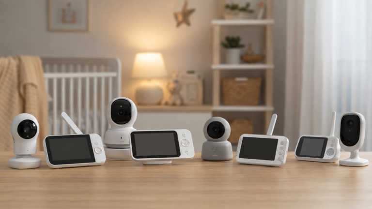 Five baby monitor systems displayed in a modern nursery