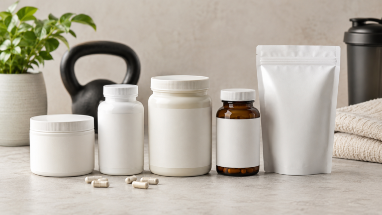 Five unbranded magnesium supplement containers arranged on a wellness counter