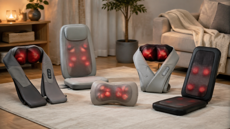 Five neck and back massagers arranged in a calm living room