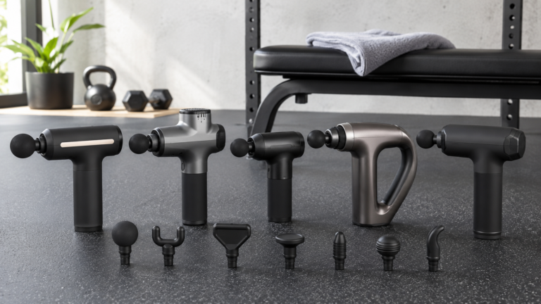 Five massage guns and attachment heads arranged in a modern home gym