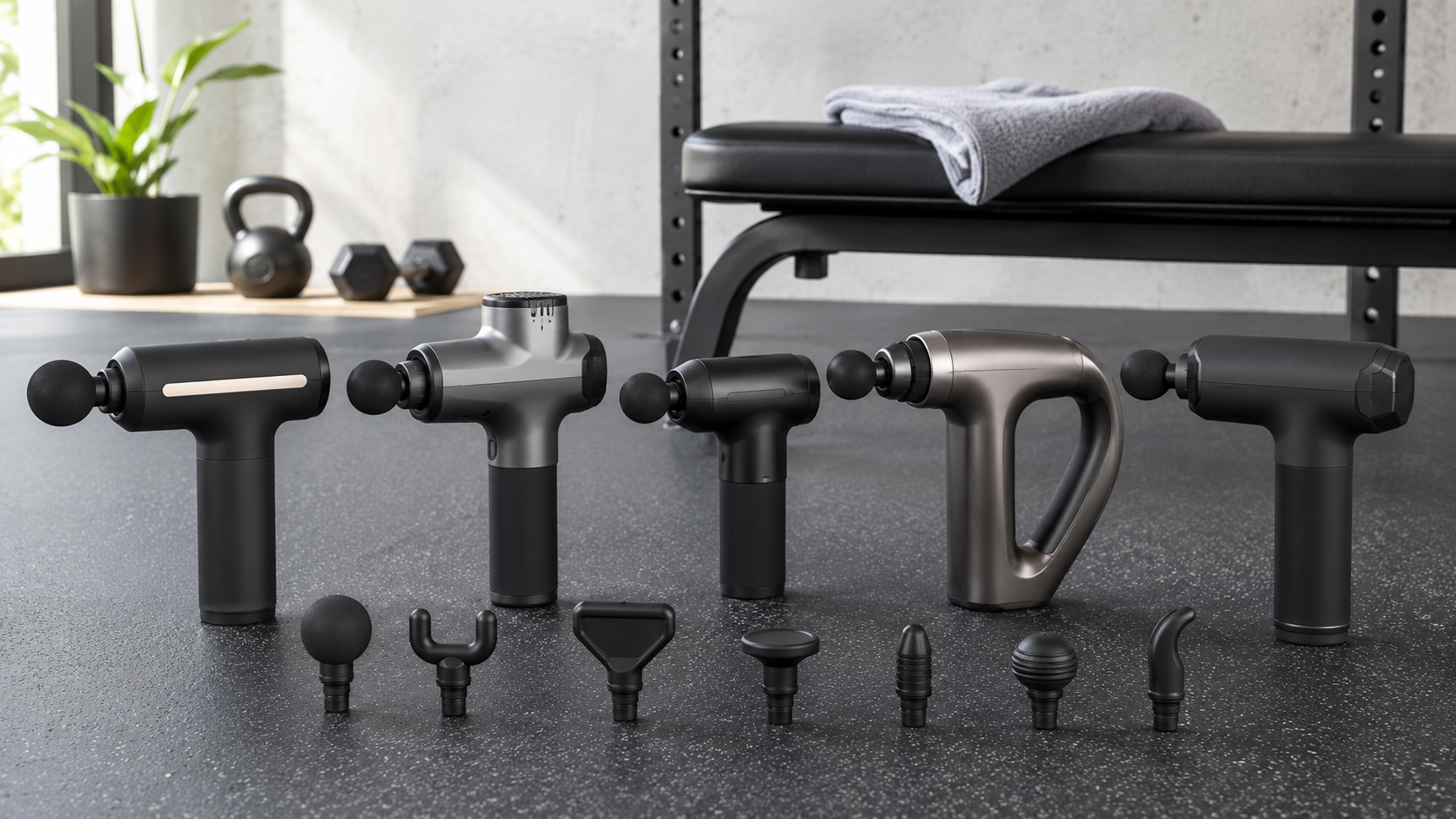 Five massage guns and attachment heads arranged in a modern home gym
