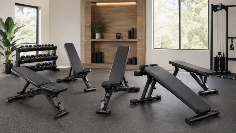 Five adjustable workout benches arranged in a modern home gym