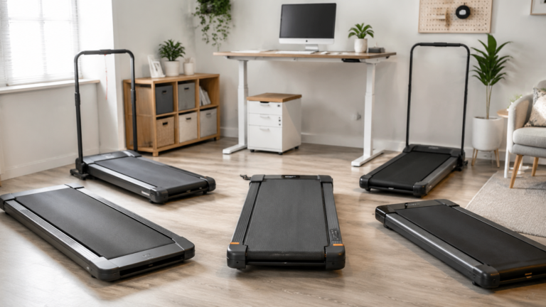 Five under-desk treadmills arranged in a modern home office