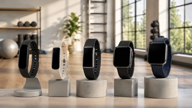 Five fitness trackers displayed in a bright modern gym