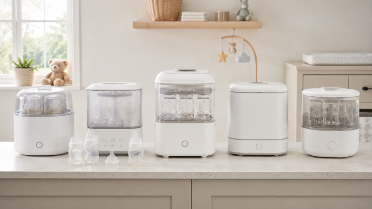 Five baby bottle sterilizers displayed on a clean nursery feeding counter