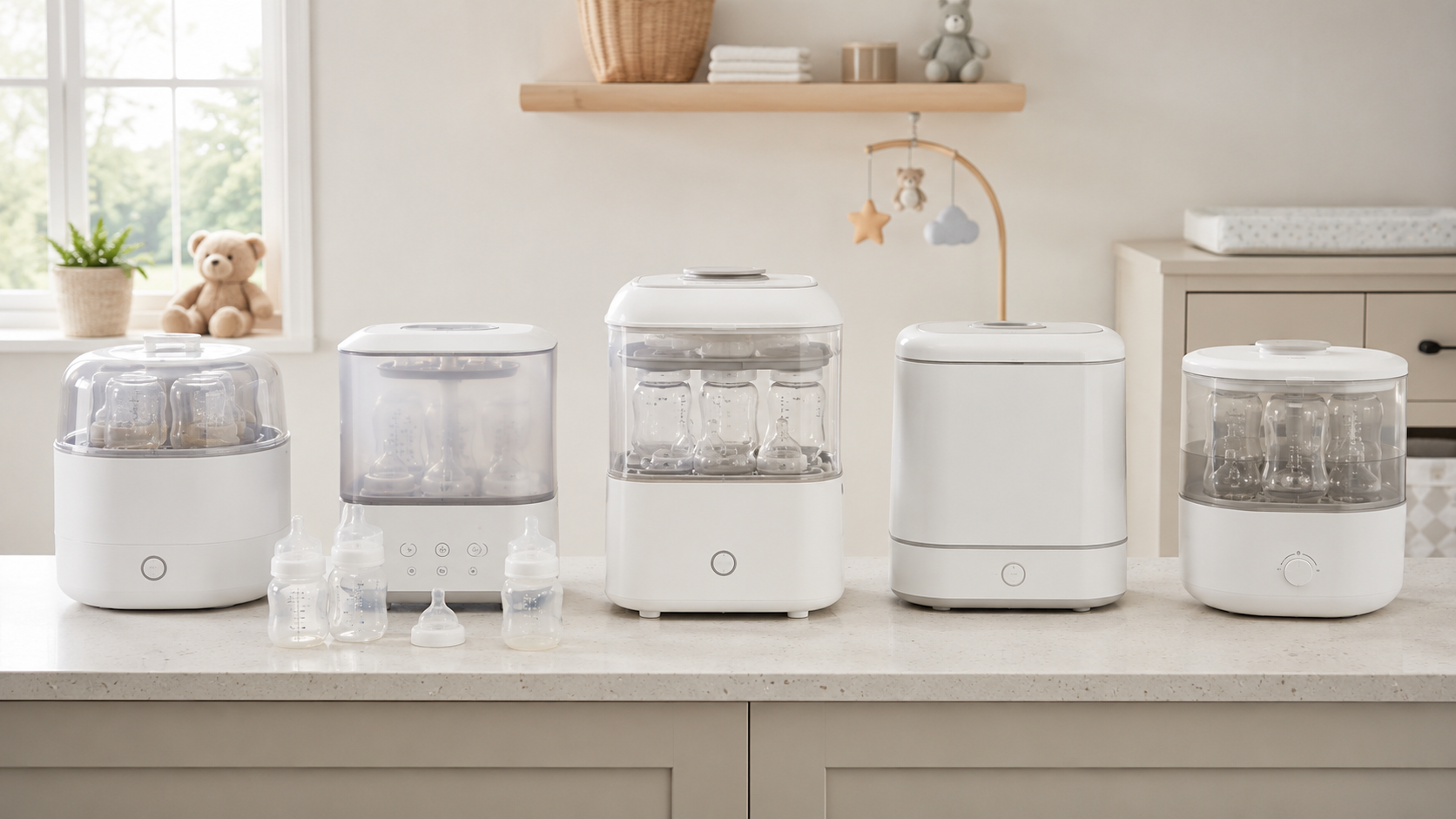 Five baby bottle sterilizers displayed on a clean nursery feeding counter