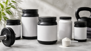 Creatine containers and fitness accessories arranged in a modern gym