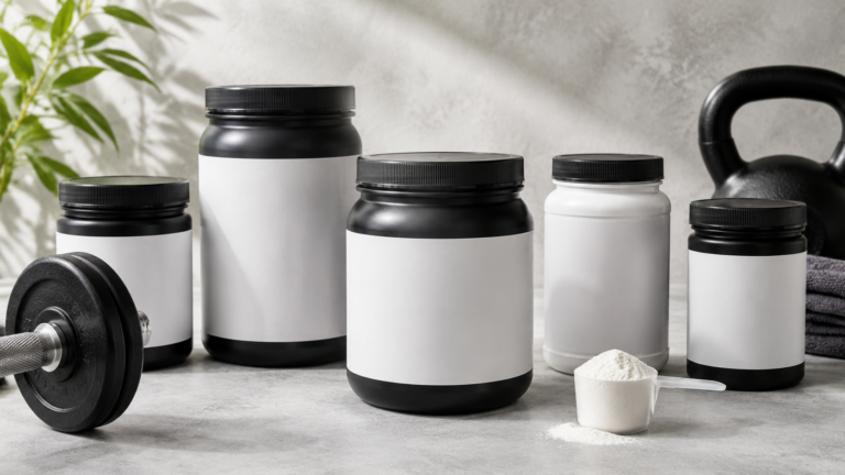 Creatine containers and fitness accessories arranged in a modern gym