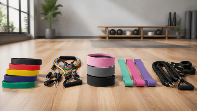 Five resistance band sets arranged in a modern home gym
