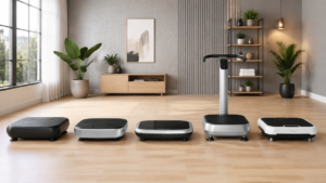 Five vibration plates arranged in a modern home gym