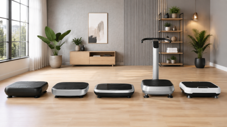 Five vibration plates arranged in a modern home gym