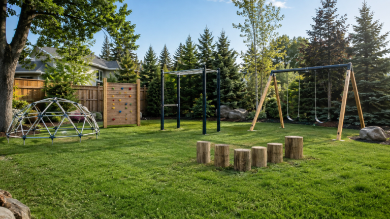 Outdoor fitness and play equipment arranged in a sunny backyard