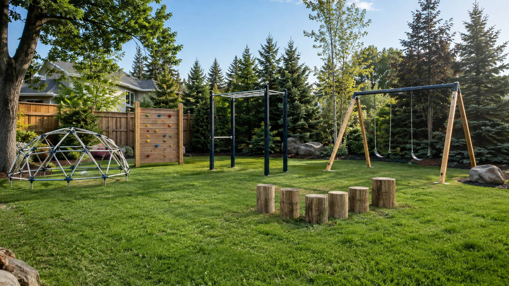 Outdoor fitness and play equipment arranged in a sunny backyard