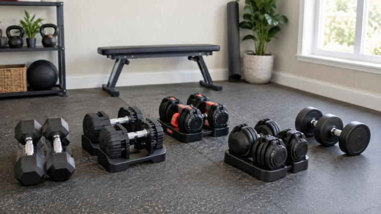 Five budget dumbbell sets arranged in a modern home gym