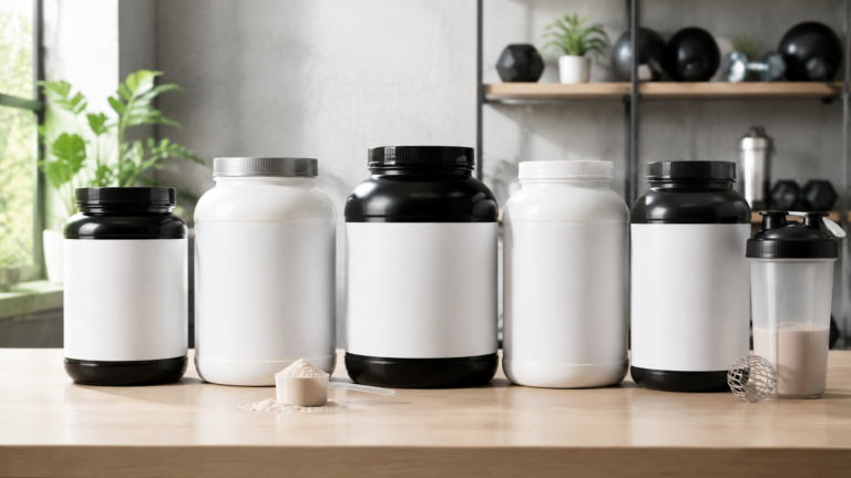 Protein powder containers and shaker bottles in a modern gym