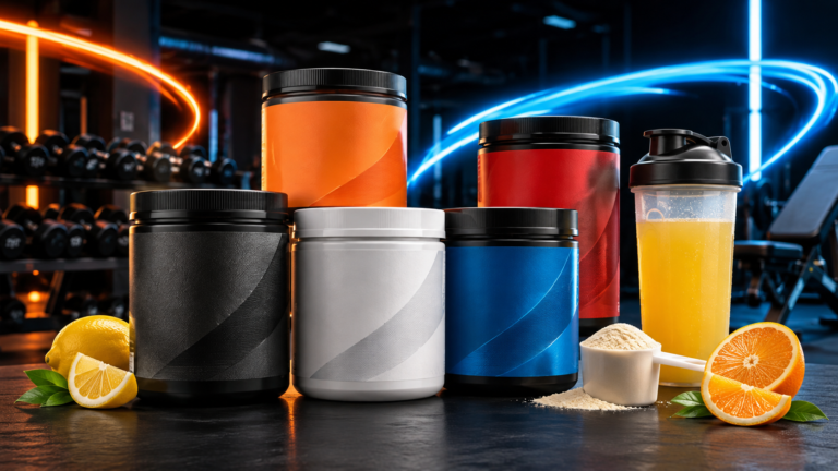 Five pre-workout supplement containers with a shaker bottle in a modern gym