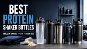 Five protein shaker bottles displayed with protein powder in a modern gym