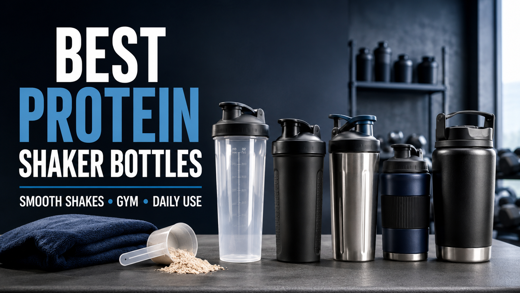 Five protein shaker bottles displayed with protein powder in a modern gym