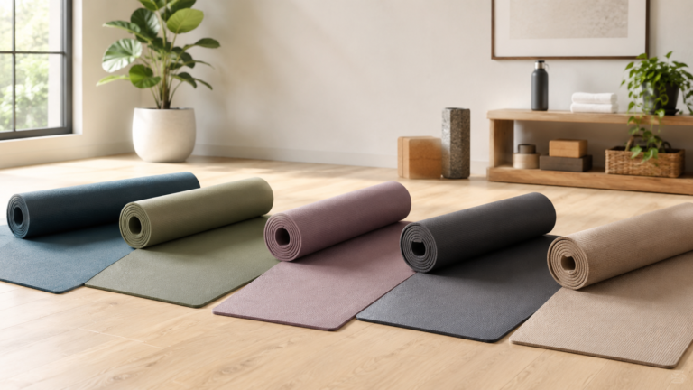 Five yoga mats arranged in a bright modern home fitness studio