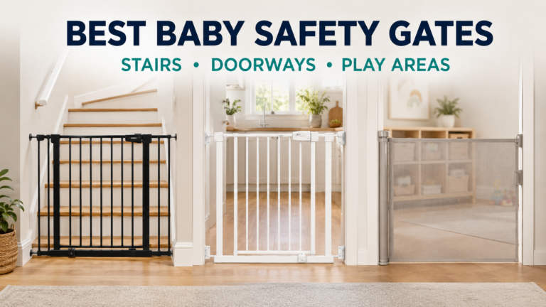 Three baby safety gates installed at stairs, a doorway and a play area