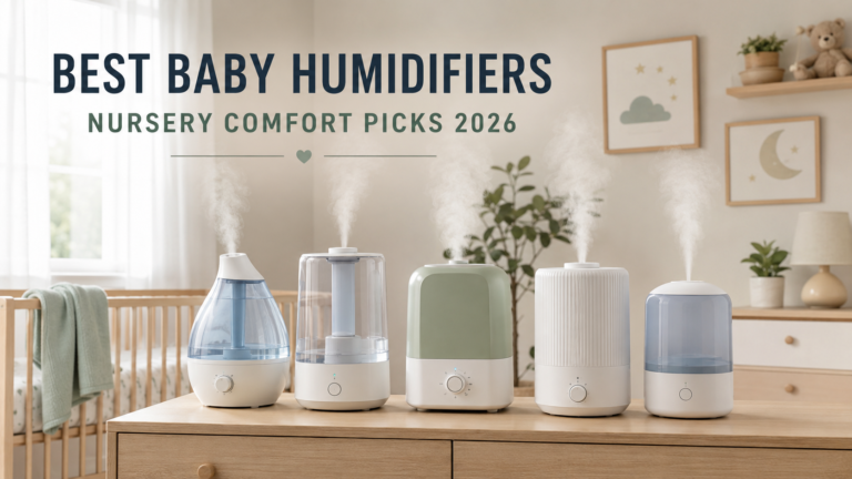 Five cool-mist humidifiers displayed in a calm modern nursery