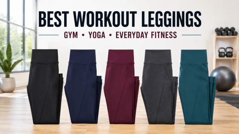 Five high-waisted workout leggings displayed in a bright fitness studio
