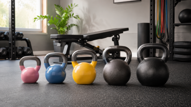 Five kettlebells arranged from light to heavy in a modern home gym