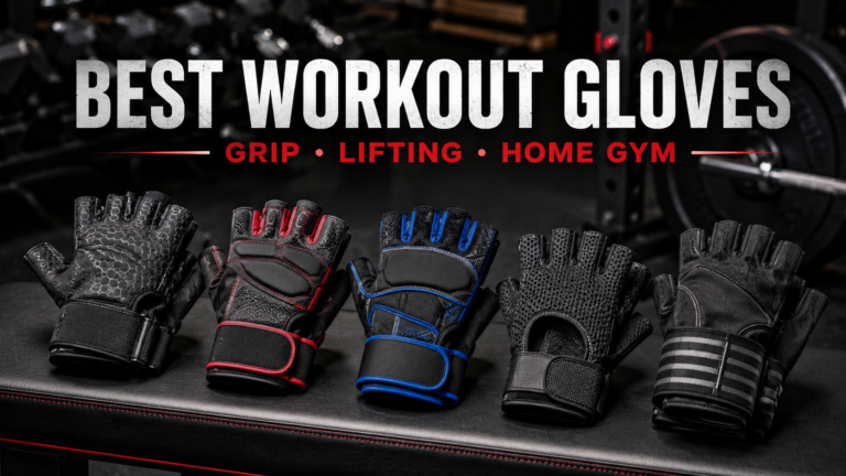 Five pairs of workout gloves displayed on a gym bench