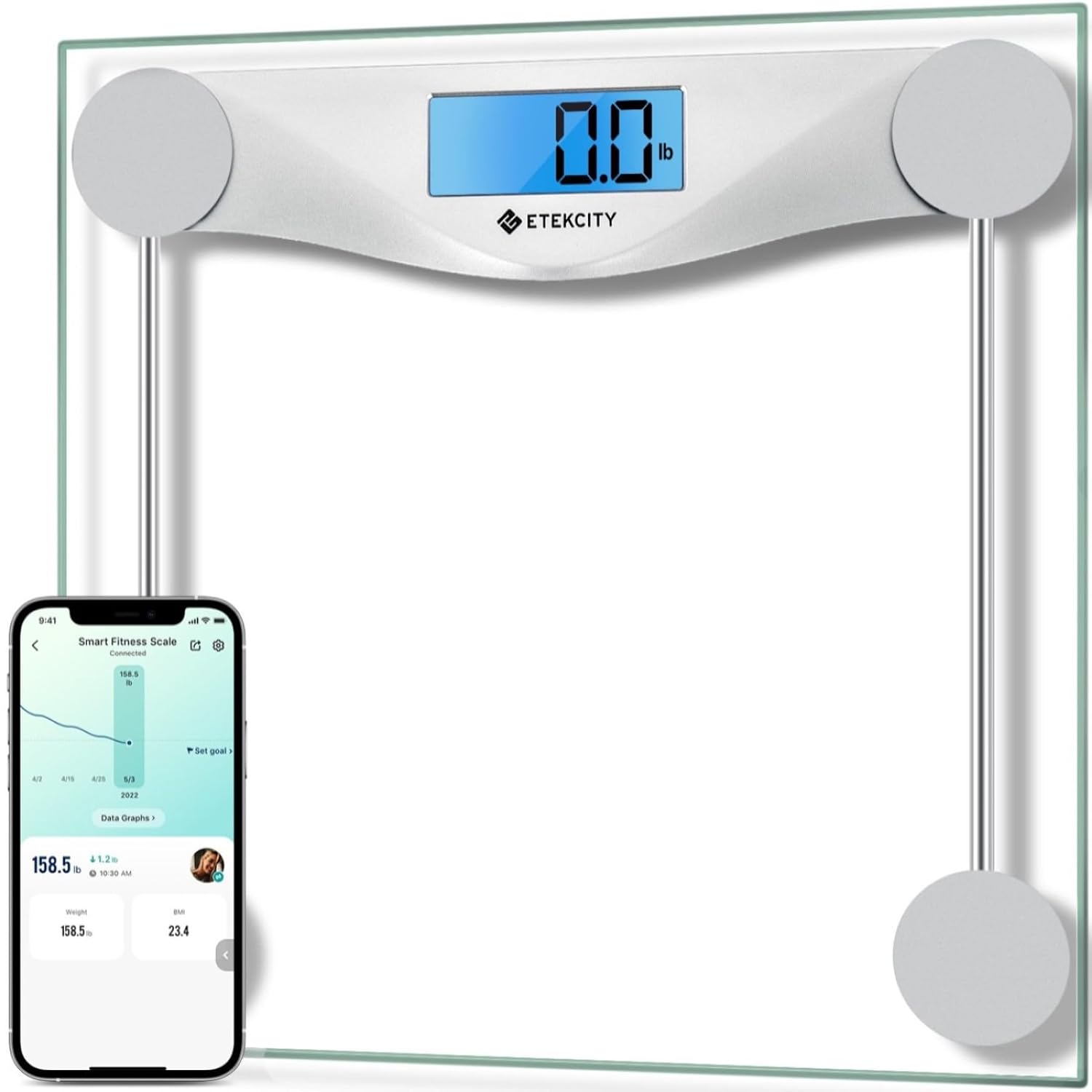Etekcity Bathroom Scale for Body Weight BMI Scale, Upgraded Bluetooth Digital Scale, Large Blue LCD Backlight Display, High Precision Measurements, 440 Pounds, Silver, ESB4074C