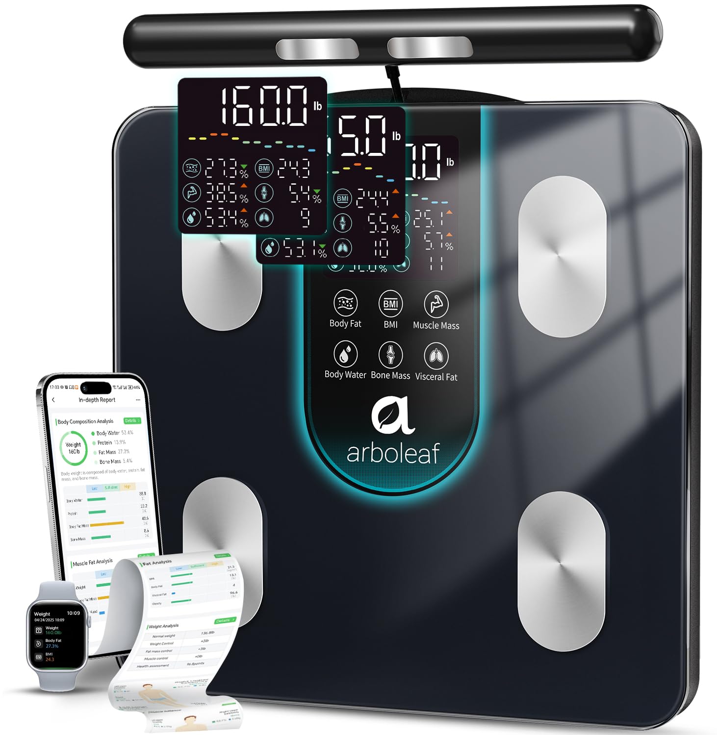 arboleaf Scale for Body Weight and Fat | 8-Electrode Smart Scale High Accuracy, Large LCD Display, 50 Body Metrics Bluetooth Sync, 400lb