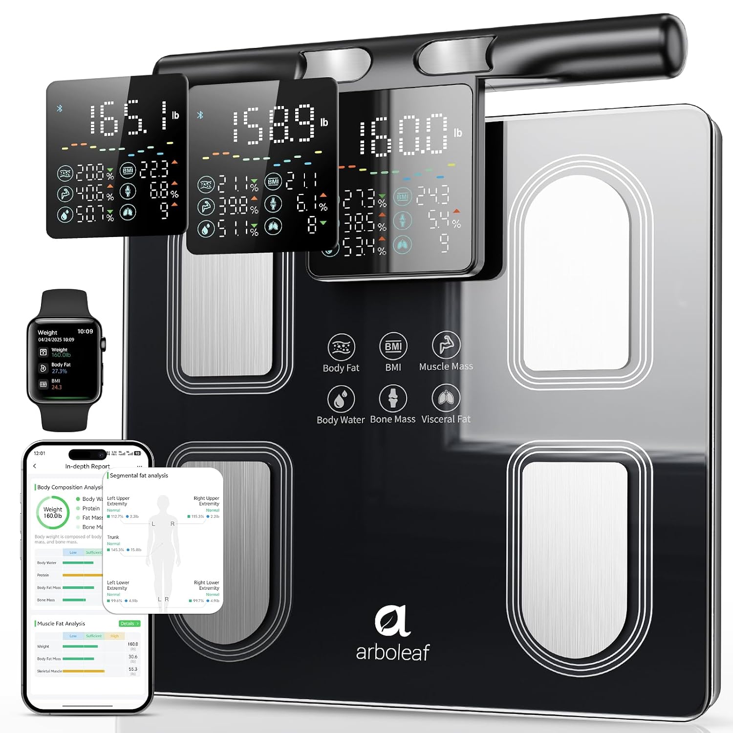 arboleaf Scale for Body Weight Body Fat, 8 Electrode Bathroom Scale Digital | High Precision Analyzer with Report, 50+ Body Metrics, BMI Muscle Mass, Fat Percentage, Smart Weighing Scales Bluetooth