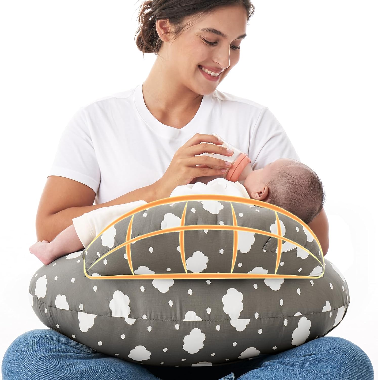 Momcozy Plus Size Nursing Pillow with Adjustable Waist Strap & Safety Guard | Removable Cotton Cover, Wider Surface Breastfeeding Pillow for More Support, Fits Most Body Types, OEKO-TEX, Grey